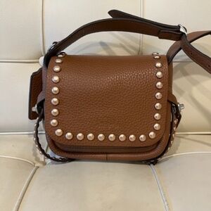 COACH taupe Saddle Rivet Stud Pebbled Leather Dakotah 14 Mini Crossbody Bag